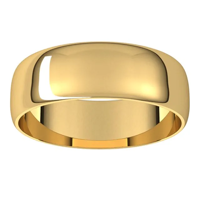 10K Yellow Gold Half Round Ultra-Light Wedding Band, 6 mm Wide