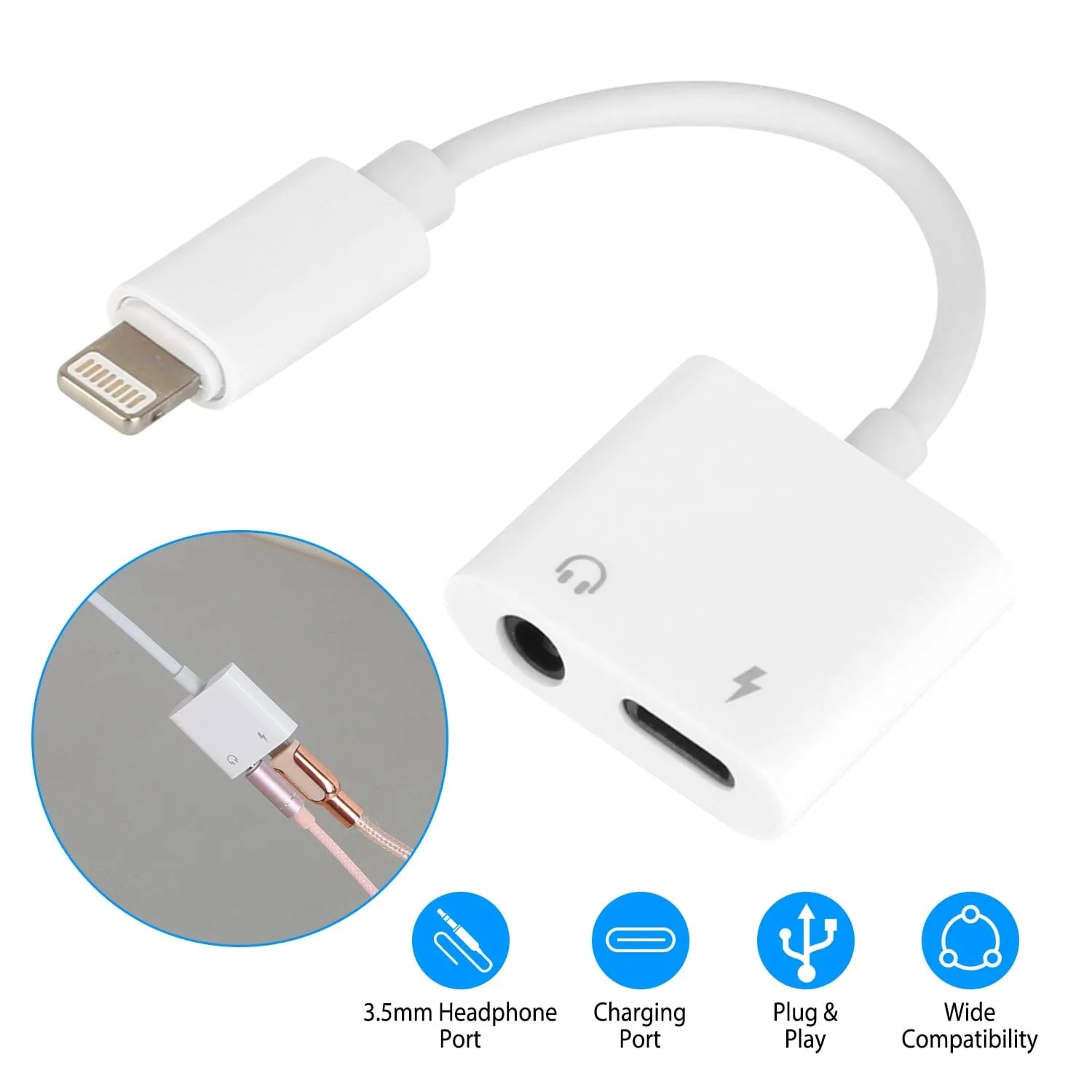 2-in-1 3.5mm Headphone Adapter Charger Audio Splitter Dongle