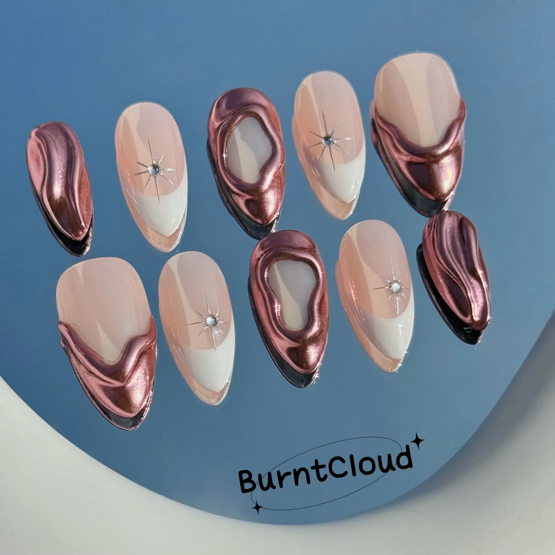 229 "Athena" Rose Pink 3D Chrome White Frenchtips Custom  Press on Nails