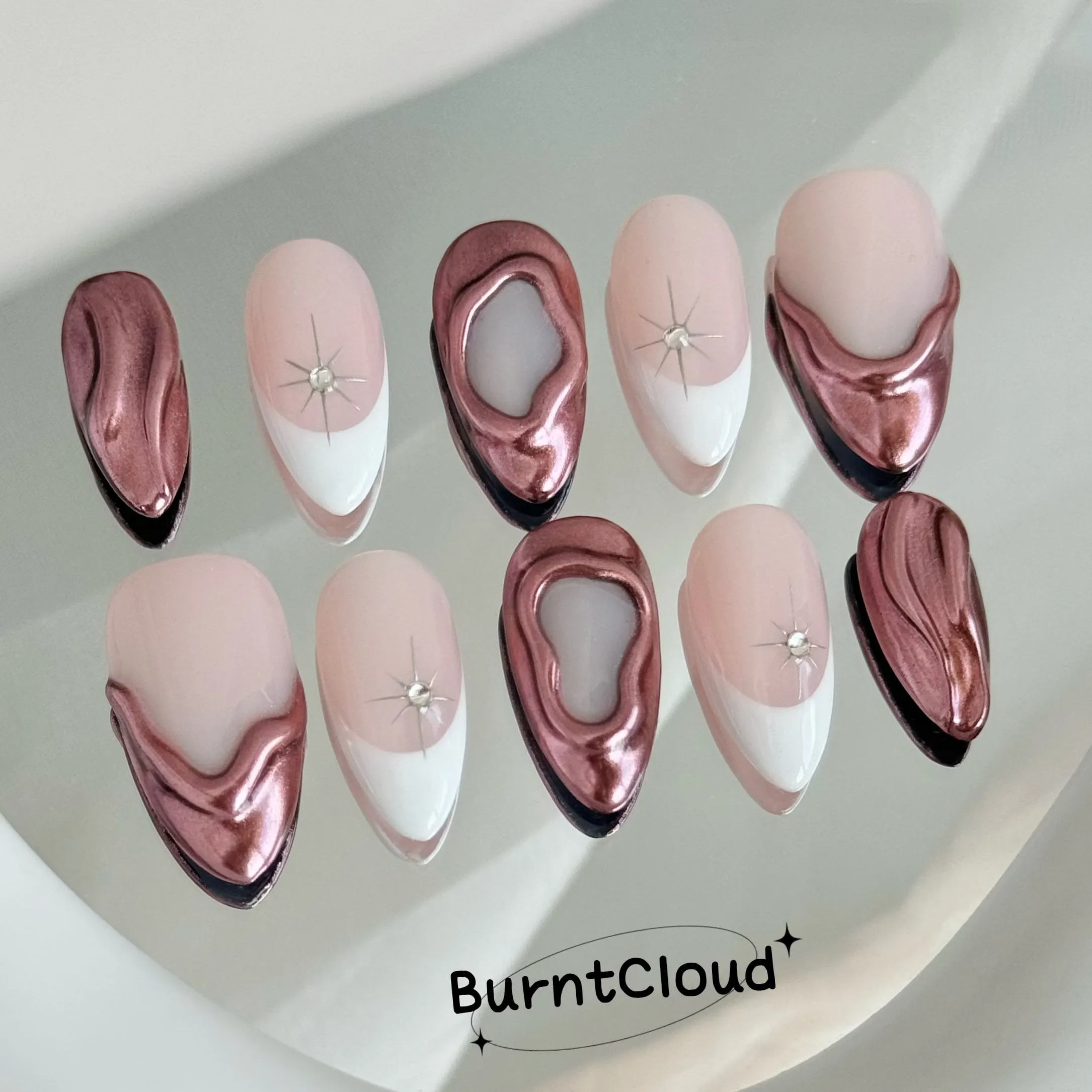 229 "Athena" Rose Pink 3D Chrome White Frenchtips Custom  Press on Nails