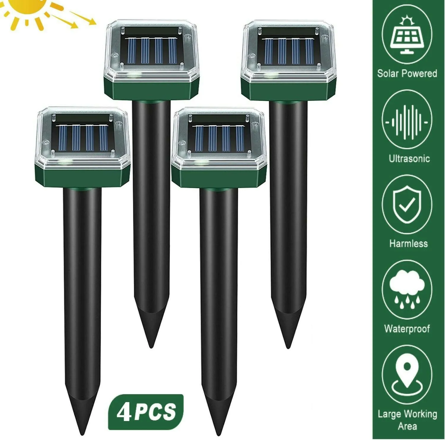 4 Pack Solar Power Ultrasonic Mice Gopher Mole Pest Snake Repellent for outdoors and indoors