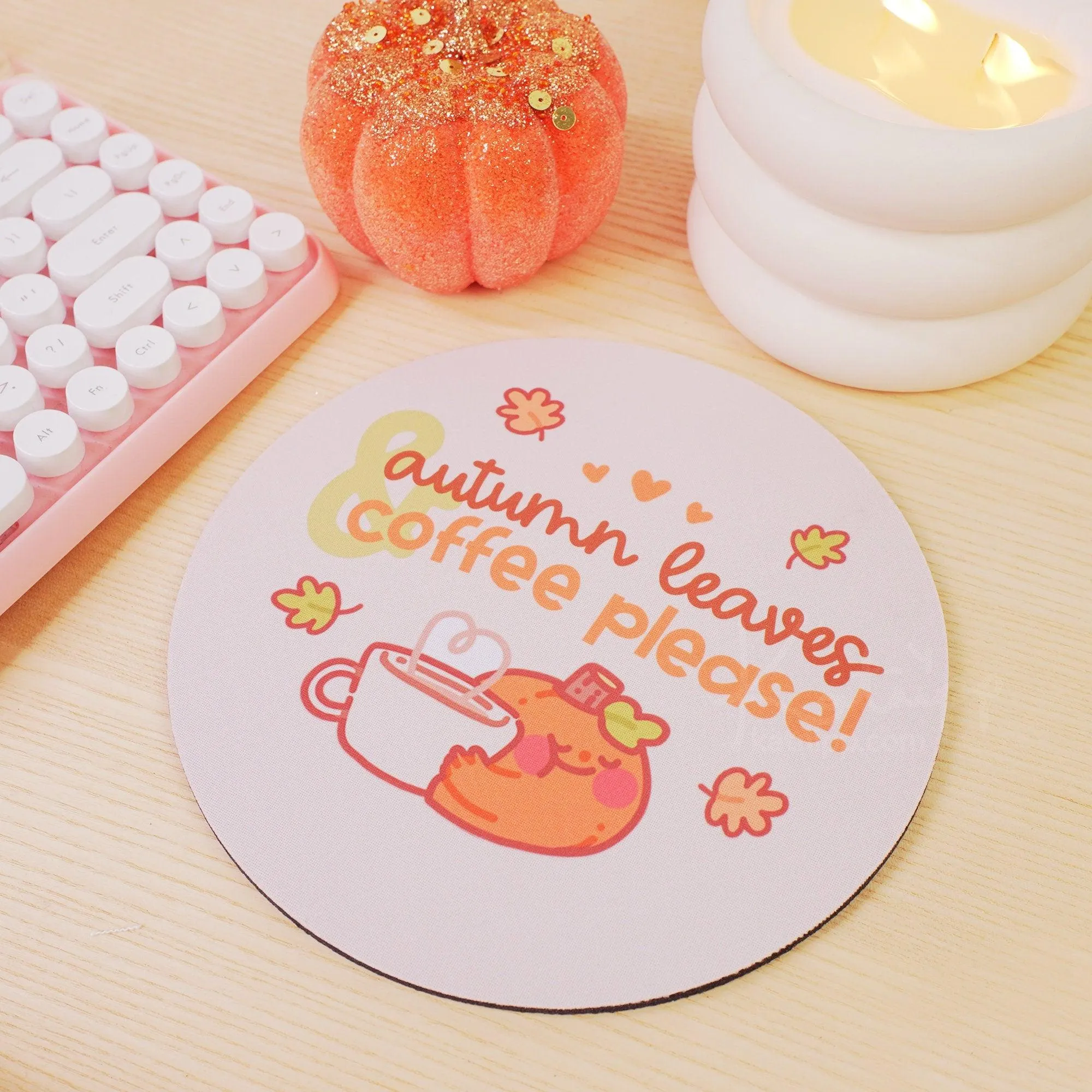 Autumn Leaves and Coffee Please Mouse Pad – Kawaii Pumpkin Desk Decor | Cozy Fall Office Accessory