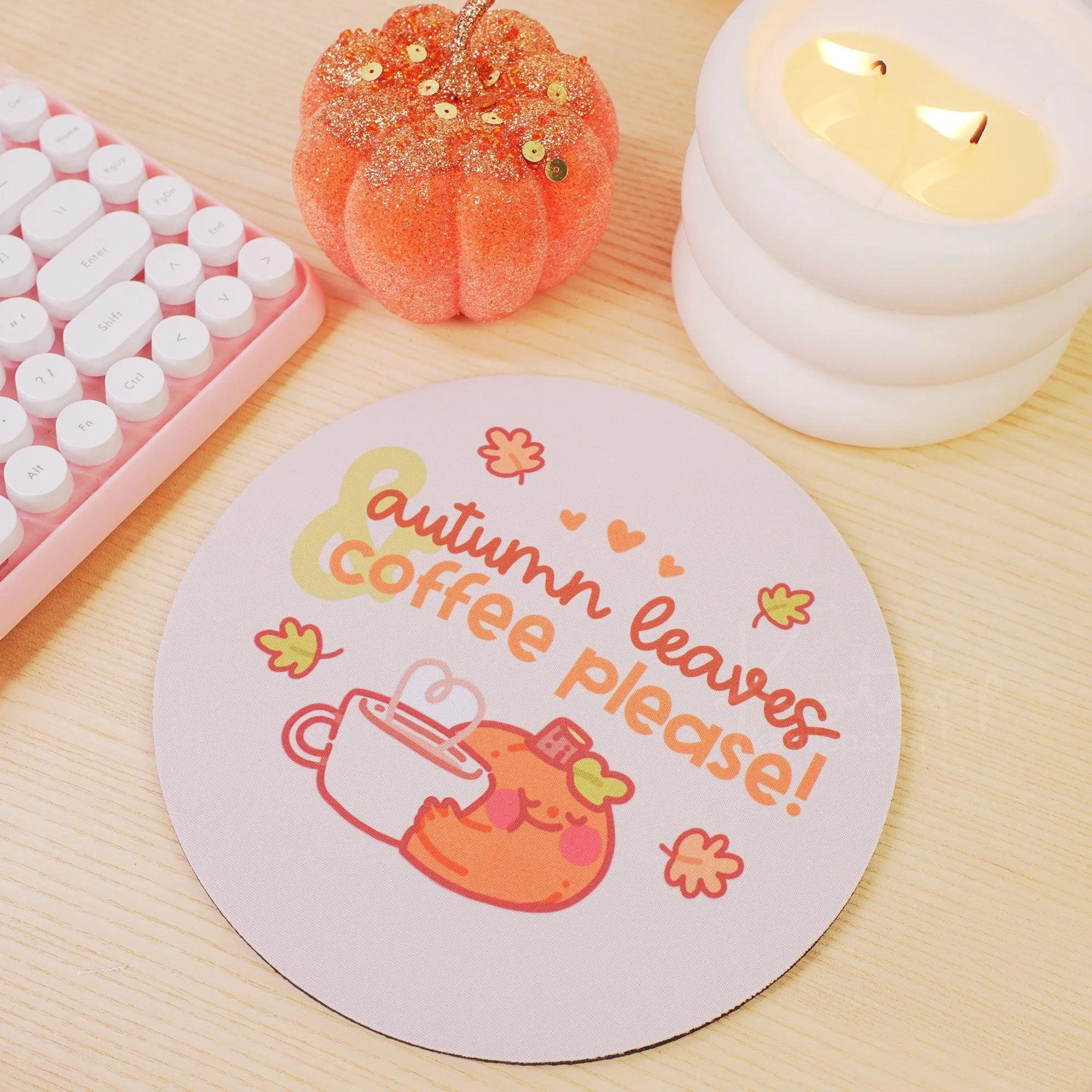 Autumn Leaves and Coffee Please Mouse Pad – Kawaii Pumpkin Desk Decor | Cozy Fall Office Accessory