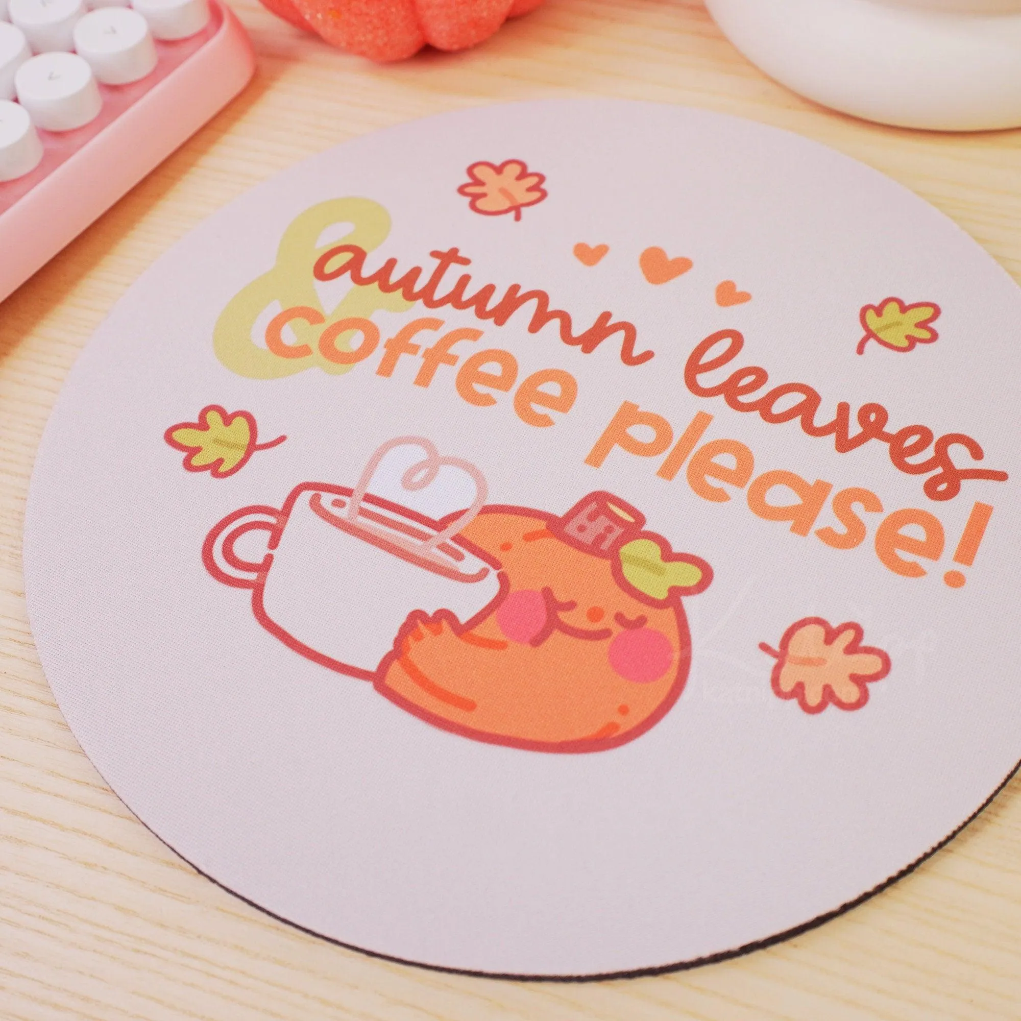 Autumn Leaves and Coffee Please Mouse Pad – Kawaii Pumpkin Desk Decor | Cozy Fall Office Accessory