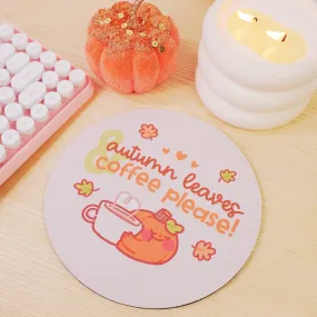 Autumn Leaves and Coffee Please Mouse Pad – Kawaii Pumpkin Desk Decor | Cozy Fall Office Accessory