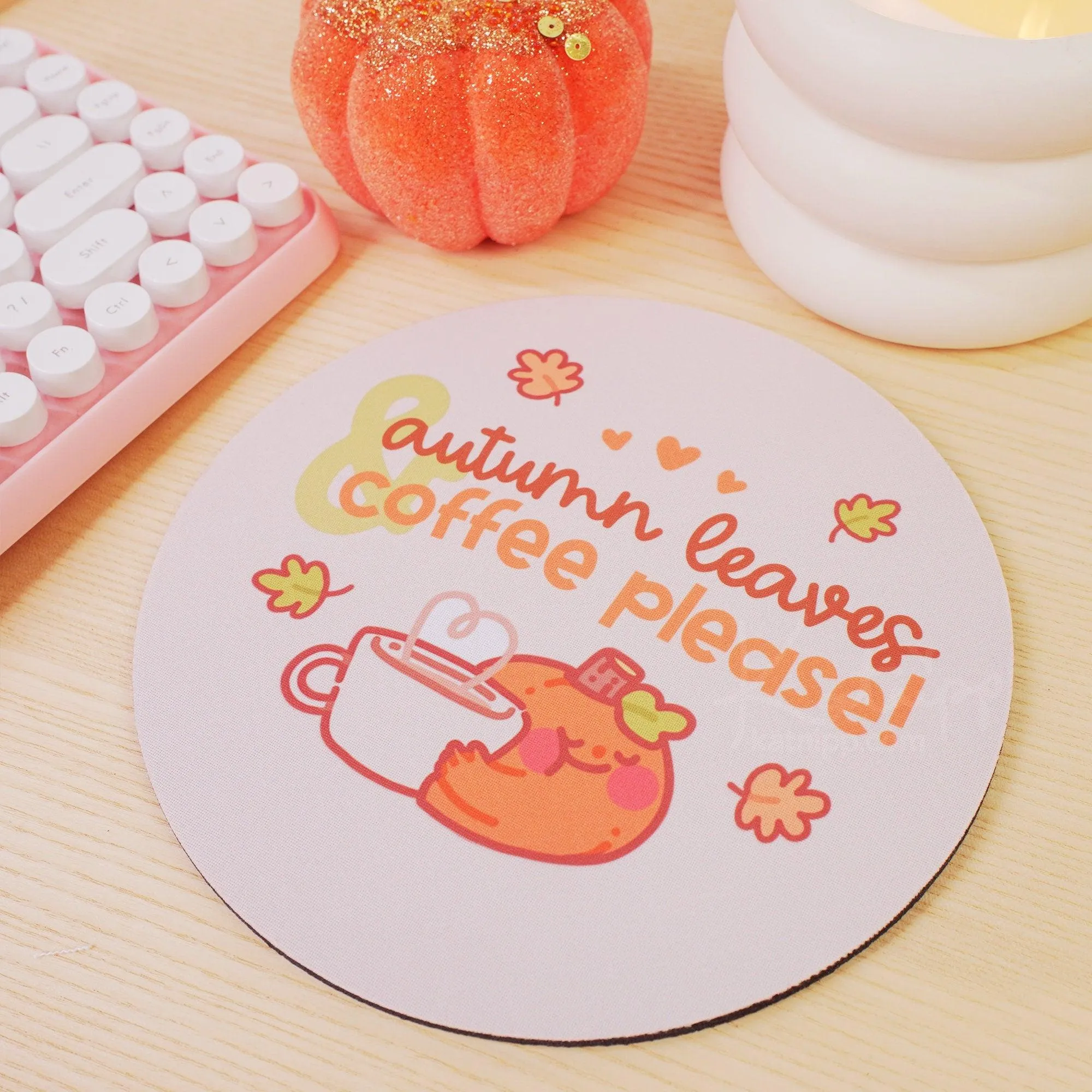Autumn Leaves and Coffee Please Mouse Pad – Kawaii Pumpkin Desk Decor | Cozy Fall Office Accessory