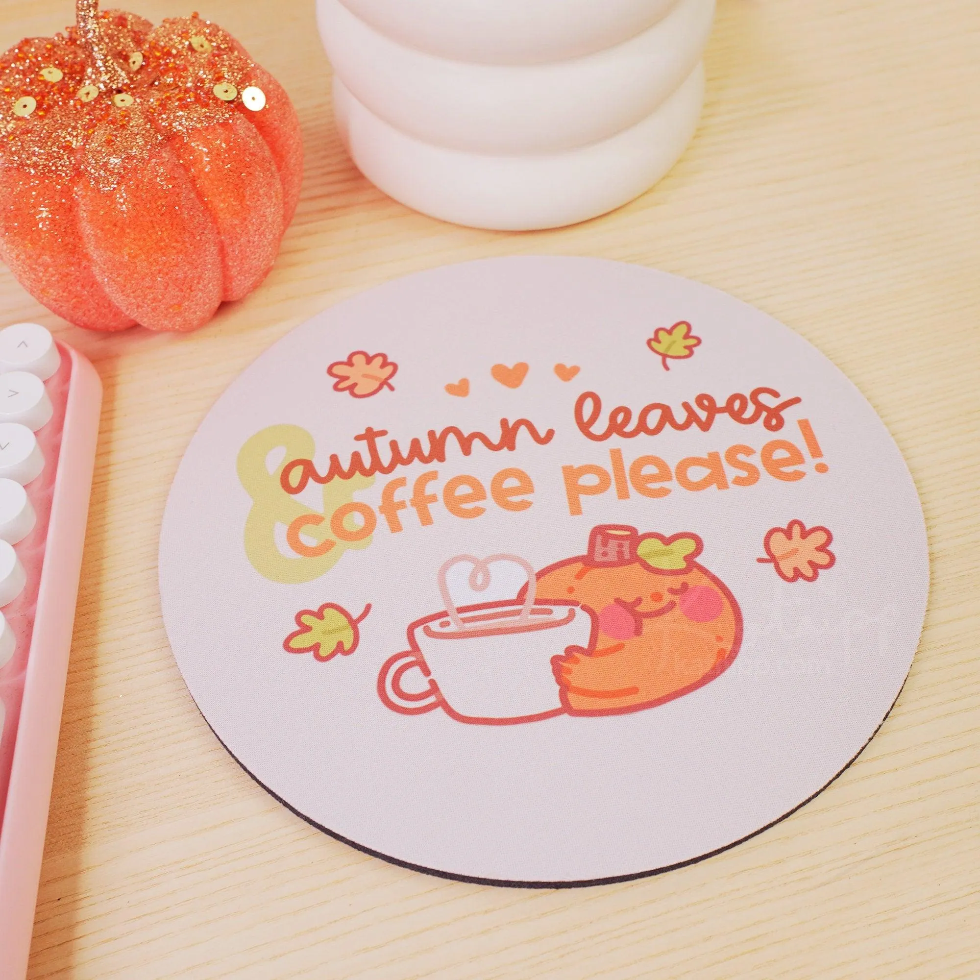 Autumn Leaves and Coffee Please Mouse Pad – Kawaii Pumpkin Desk Decor | Cozy Fall Office Accessory