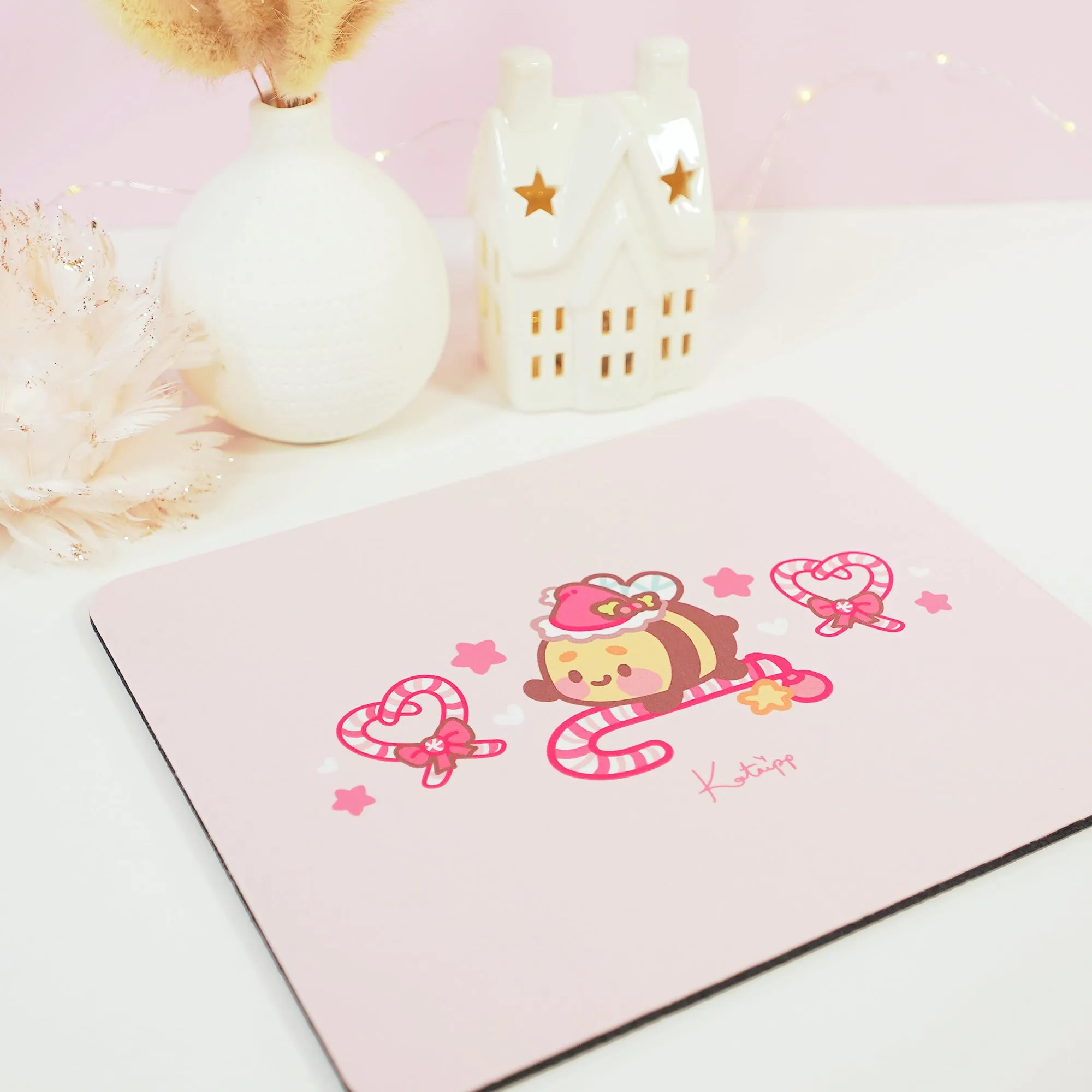 Bumblebutt Candy Cane Academy Mouse Pad | Kawaii Christmas Desk Decor | Festive Pastel Pink Workspace Accessory