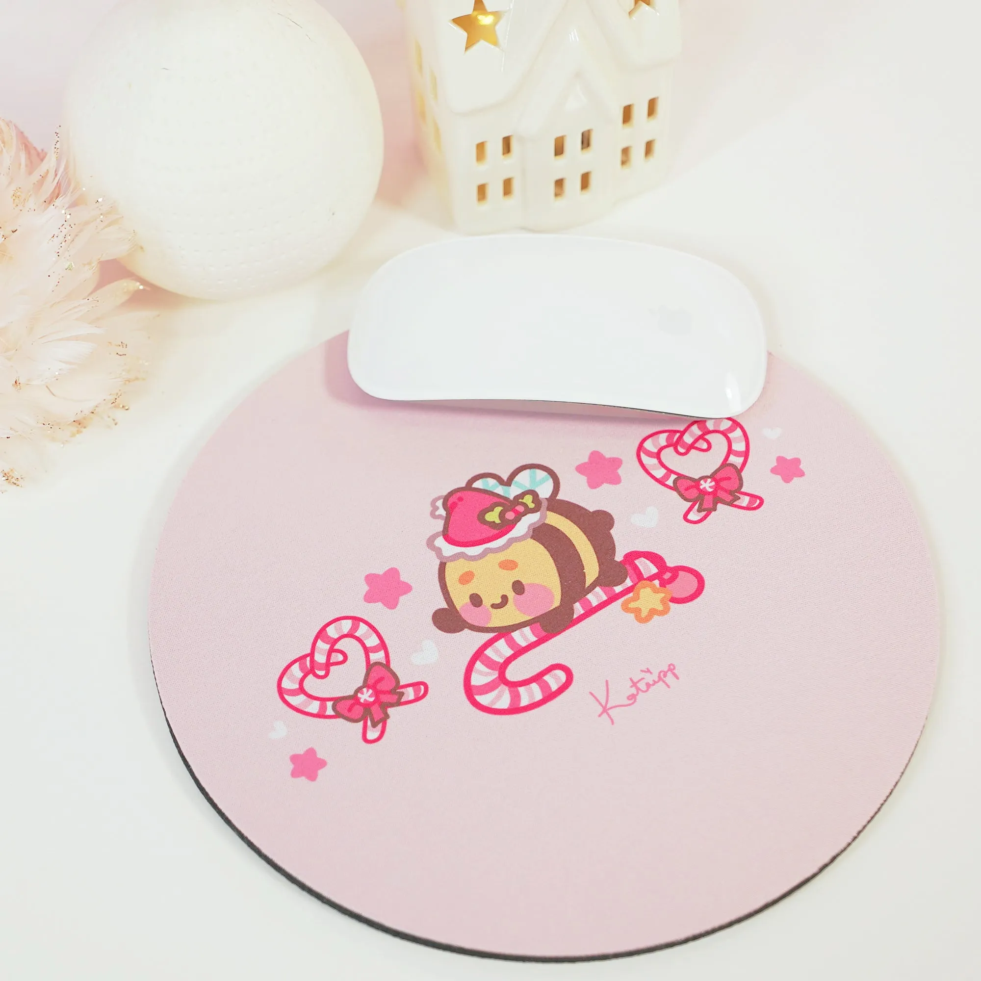 Bumblebutt Candy Cane Academy Mouse Pad | Kawaii Christmas Desk Decor | Festive Pastel Pink Workspace Accessory