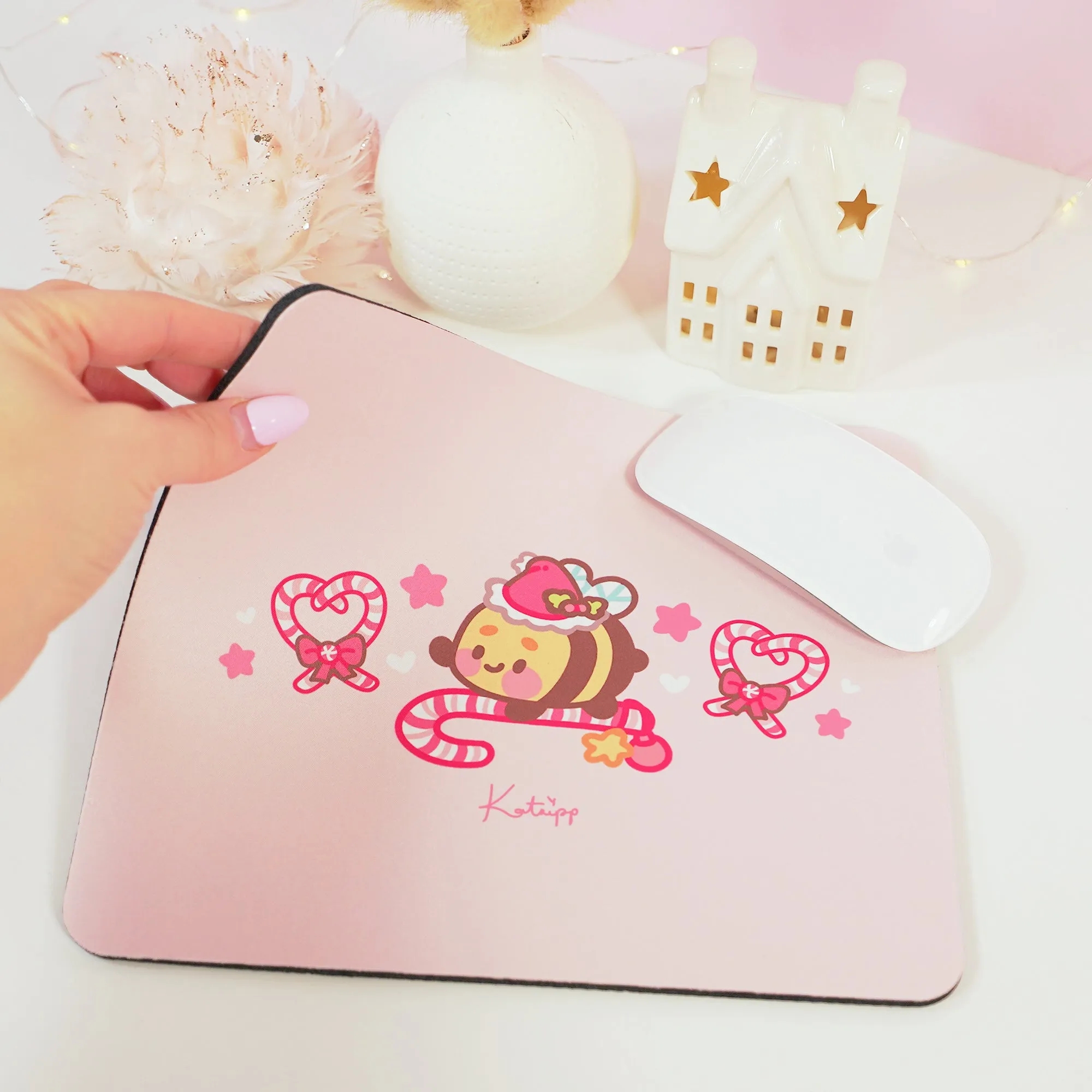 Bumblebutt Candy Cane Academy Mouse Pad | Kawaii Christmas Desk Decor | Festive Pastel Pink Workspace Accessory