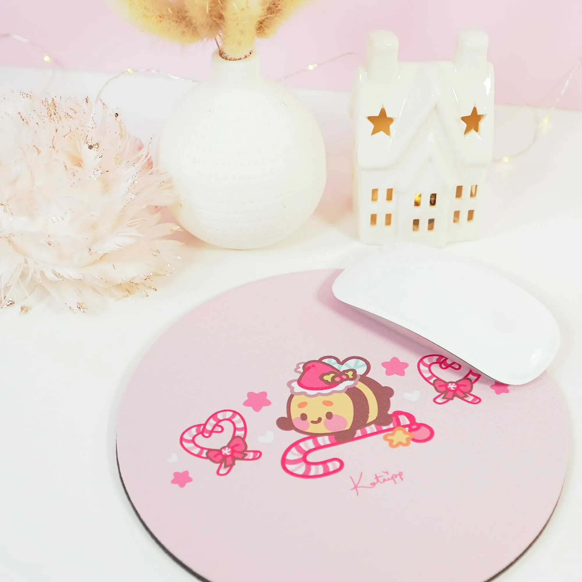 Bumblebutt Candy Cane Academy Mouse Pad | Kawaii Christmas Desk Decor | Festive Pastel Pink Workspace Accessory