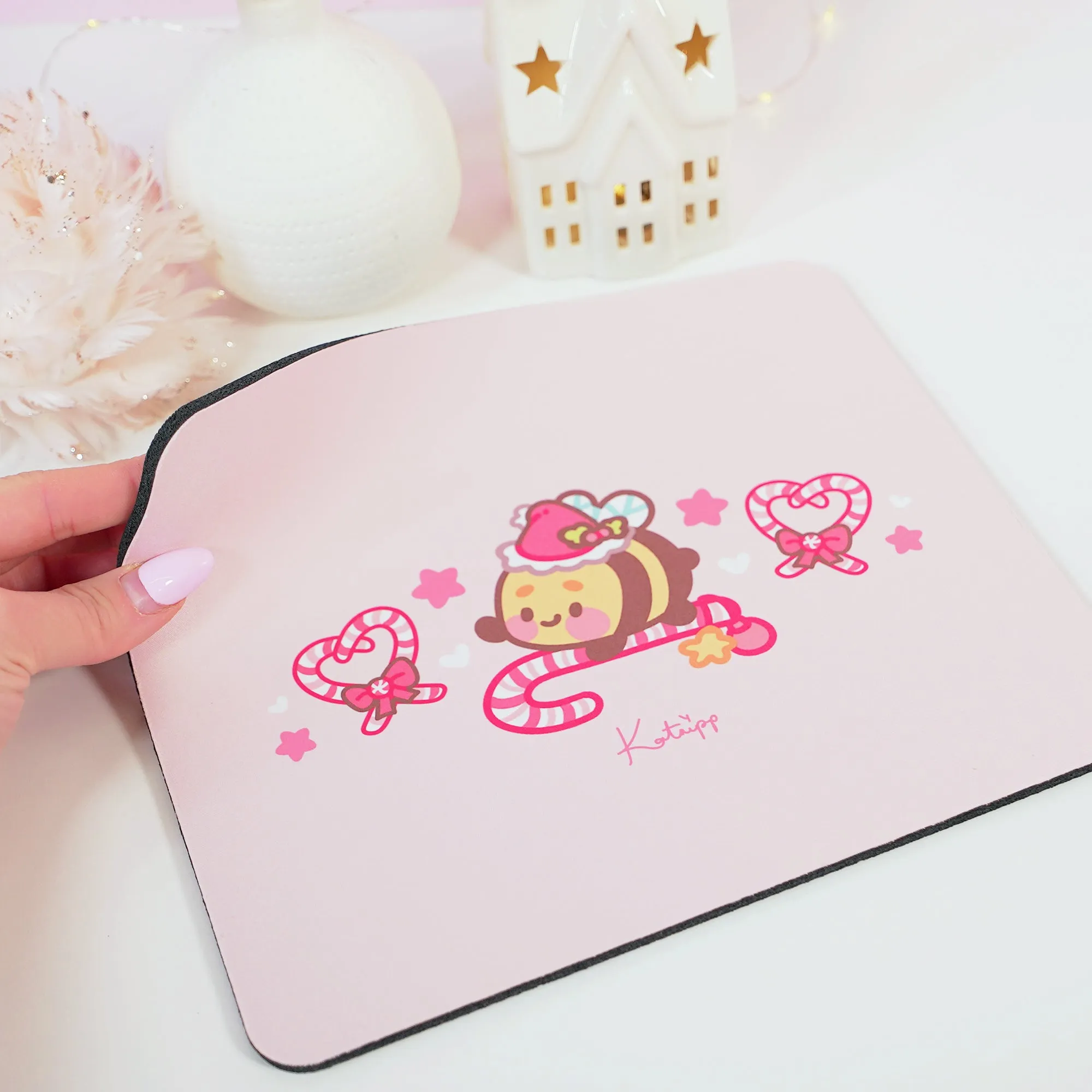 Bumblebutt Candy Cane Academy Mouse Pad | Kawaii Christmas Desk Decor | Festive Pastel Pink Workspace Accessory