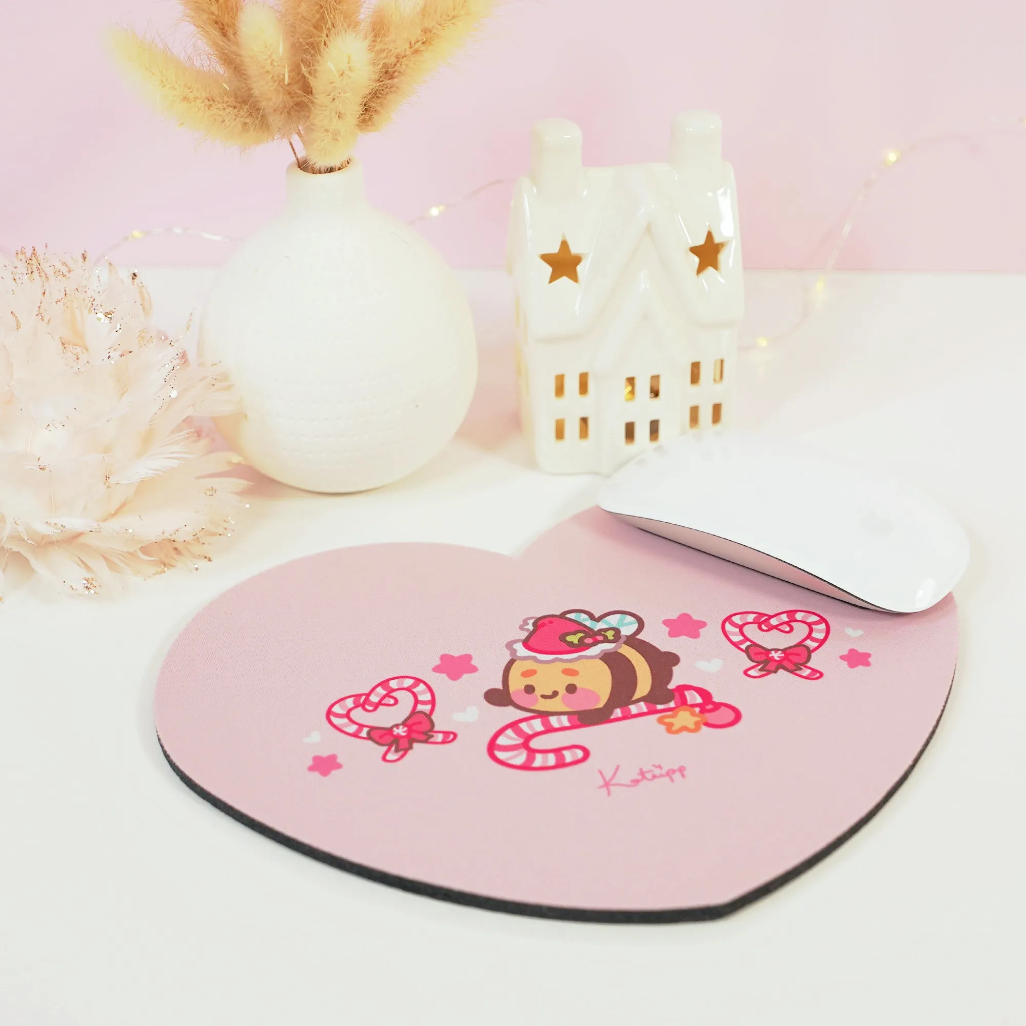 Bumblebutt Candy Cane Academy Mouse Pad | Kawaii Christmas Desk Decor | Festive Pastel Pink Workspace Accessory