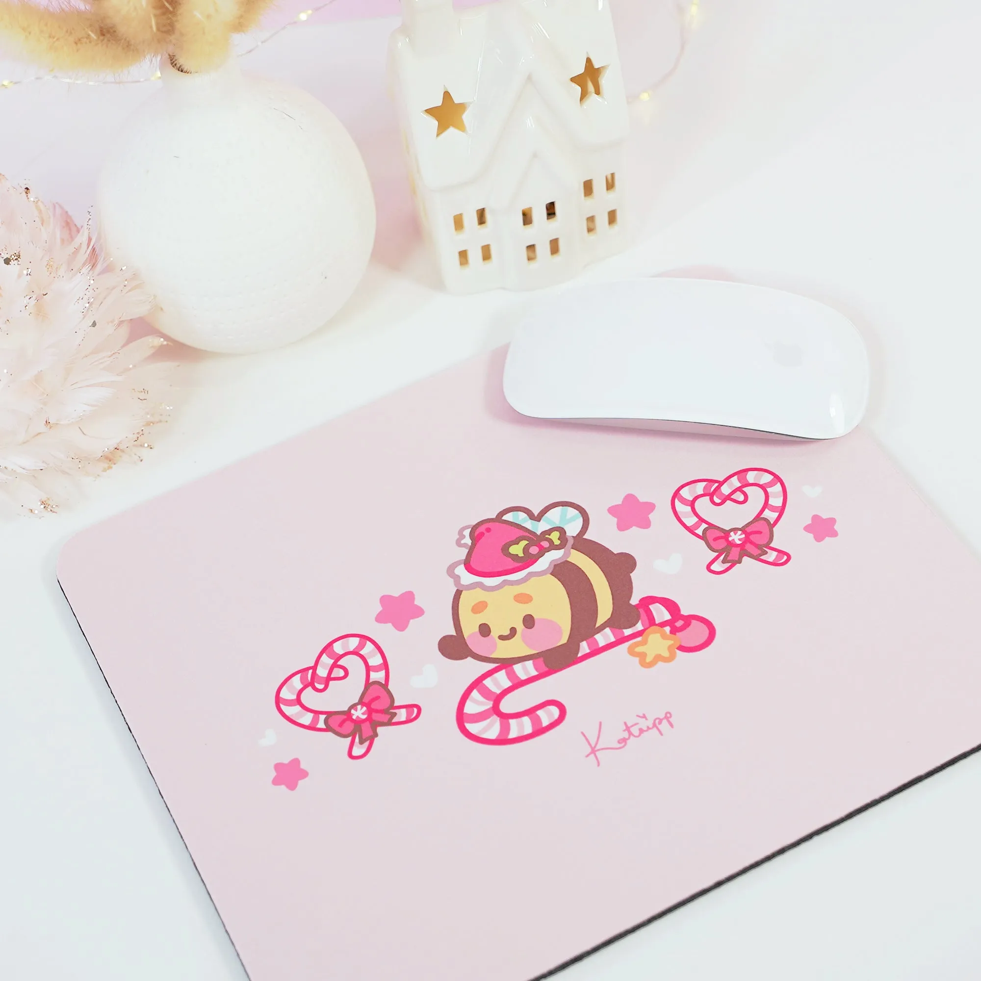Bumblebutt Candy Cane Academy Mouse Pad | Kawaii Christmas Desk Decor | Festive Pastel Pink Workspace Accessory