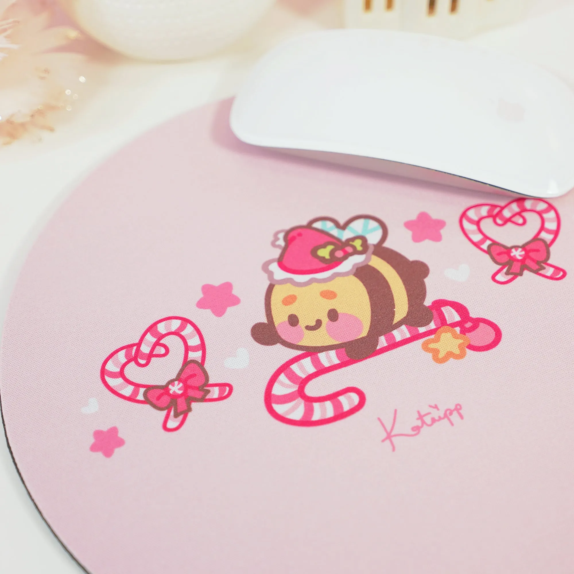 Bumblebutt Candy Cane Academy Mouse Pad | Kawaii Christmas Desk Decor | Festive Pastel Pink Workspace Accessory