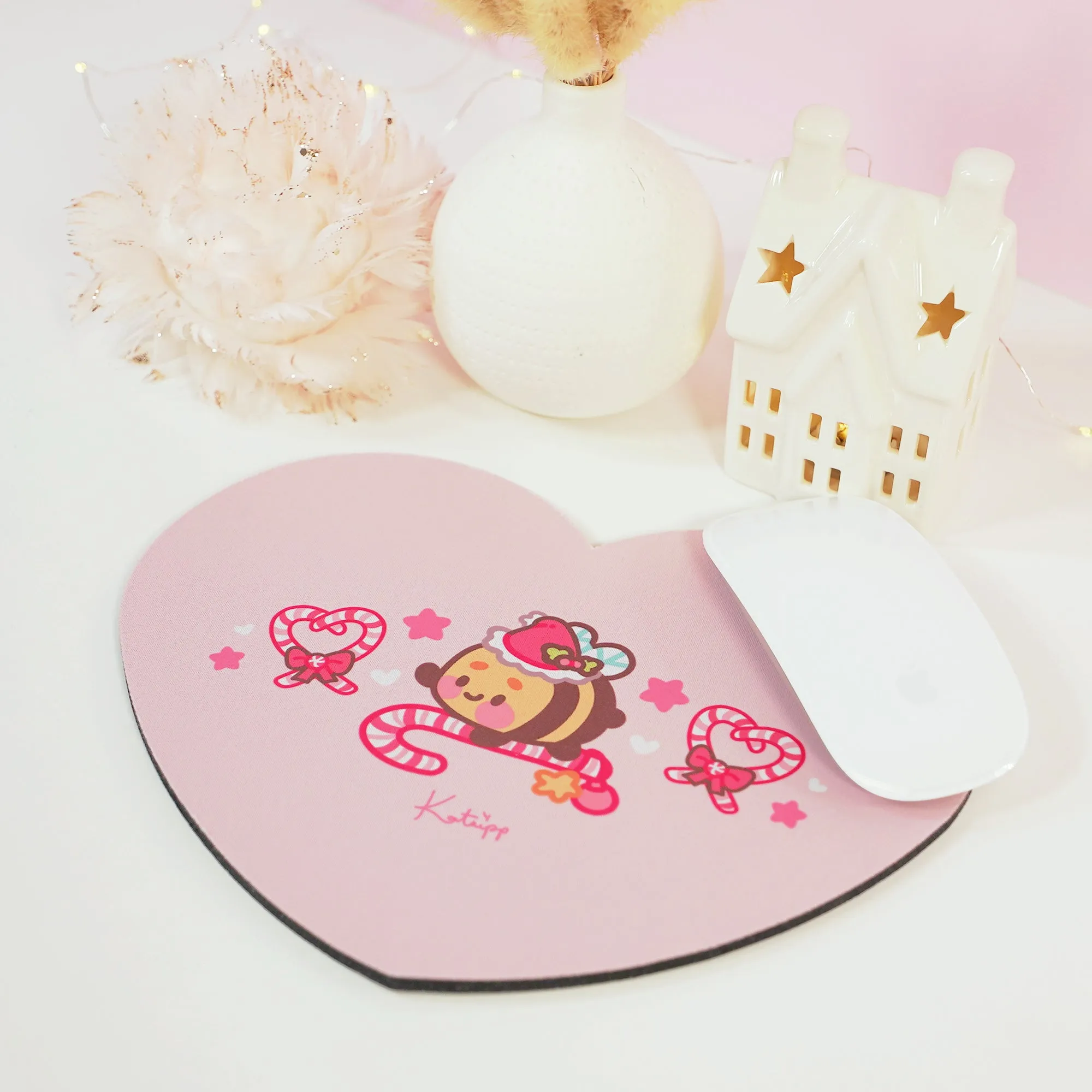 Bumblebutt Candy Cane Academy Mouse Pad | Kawaii Christmas Desk Decor | Festive Pastel Pink Workspace Accessory