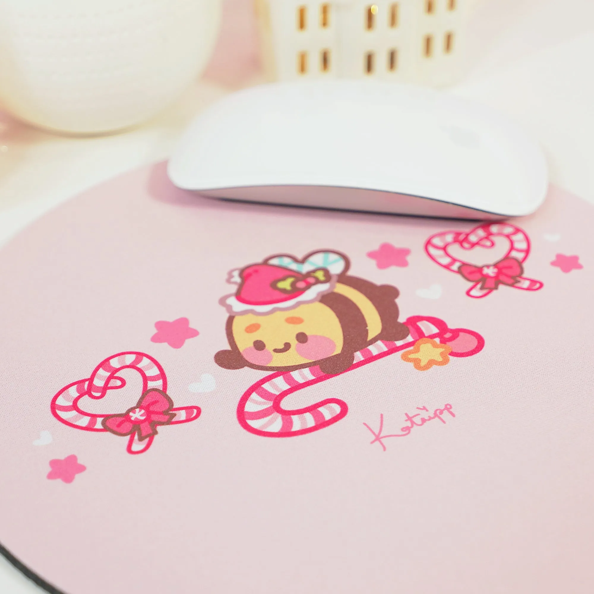 Bumblebutt Candy Cane Academy Mouse Pad | Kawaii Christmas Desk Decor | Festive Pastel Pink Workspace Accessory