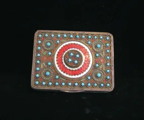 Circa 1890 French Gold Ormolu Compact Red Guilloche Enamel Turquoise Stones