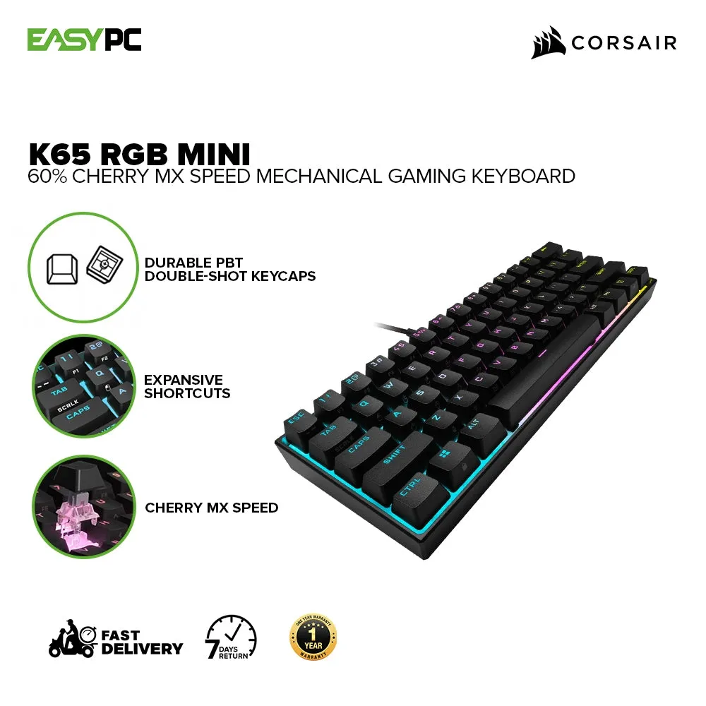 Corsair K65 RGB MINI 60% Mechanical Gaming Keyboard Cherry MX Speed CS-CH-9194014-NA, Detachable Cable, Braided Cable, 100M Keystrokes 7UBE COCS2381