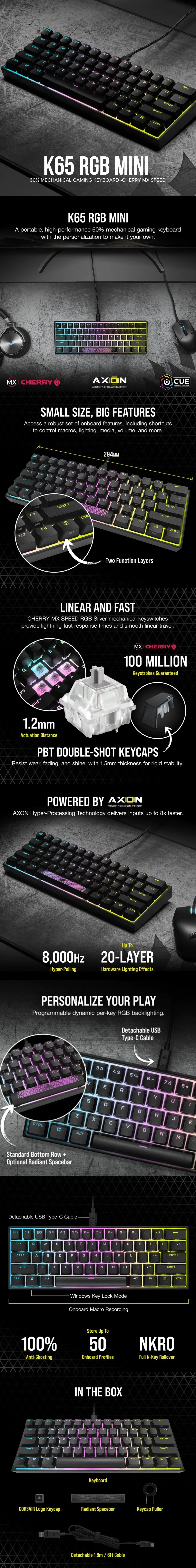 Corsair K65 RGB MINI 60% Mechanical Gaming Keyboard Cherry MX Speed CS-CH-9194014-NA, Detachable Cable, Braided Cable, 100M Keystrokes 7UBE COCS2381