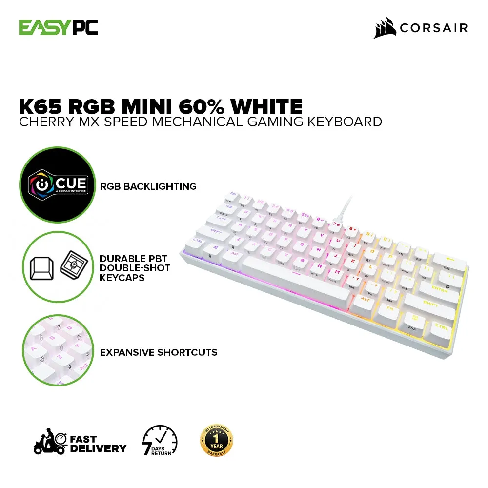Corsair K65 RGB MINI 60% White Mechanical Detachable Cable, Braided Cable Gaming Keyboard -Cherry MX Speed CS-CH-9194114-NA 7UBE COCS2502