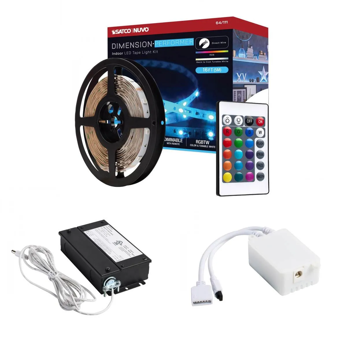 Dimension Performer LED Tape Light Kit with Remote, 16ft Reel, Color Changing RGB and Tunable White, 24V, Direct Wired Connection