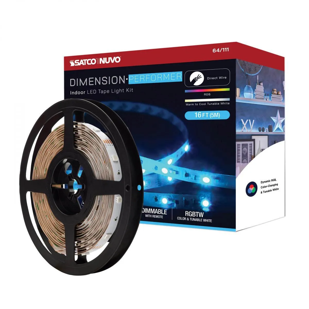Dimension Performer LED Tape Light Kit with Remote, 16ft Reel, Color Changing RGB and Tunable White, 24V, Direct Wired Connection