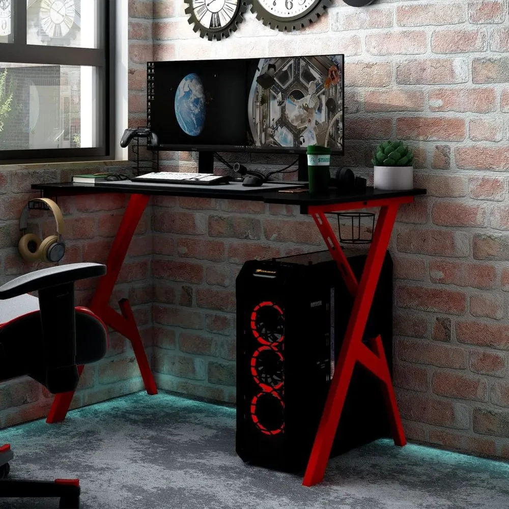 Gaming Desk with Y Shape Legs Black & Red 90x60x75 cm to 110x60x75 cm