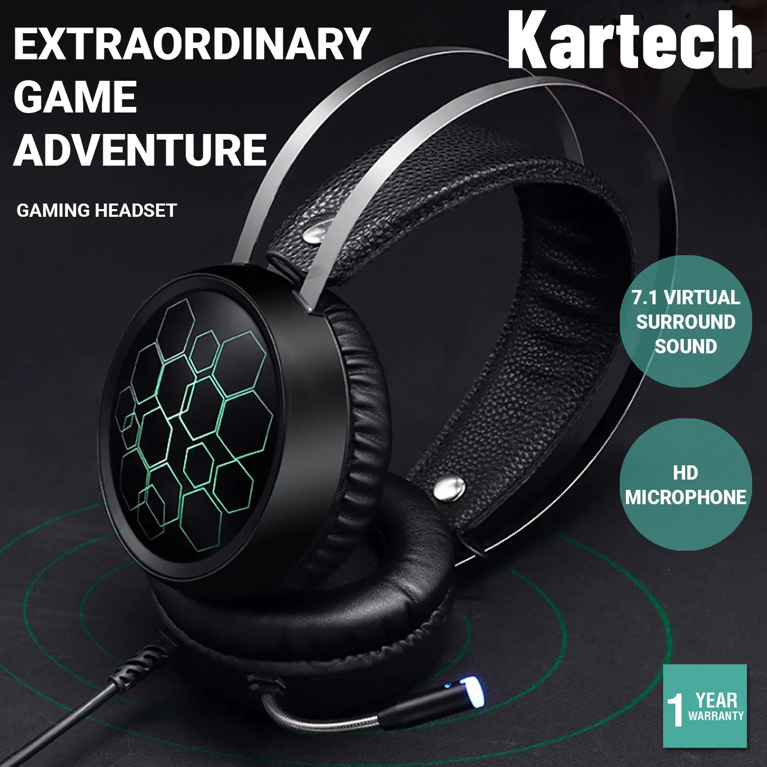Kartech Gaming Headset Wired Game LED Light Headphones Microphone Noise Cancel