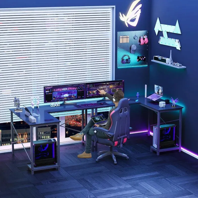 L-Shaped Wood Computer Desk with Side Storage Bag, Corner PC Gaming Table