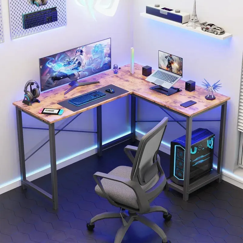 L-Shaped Wood Computer Desk with Side Storage Bag, Corner PC Gaming Table