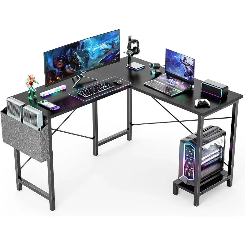 L-Shaped Wood Computer Desk with Side Storage Bag, Corner PC Gaming Table