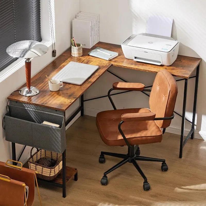 L-Shaped Wood Computer Desk with Side Storage Bag, Corner PC Gaming Table