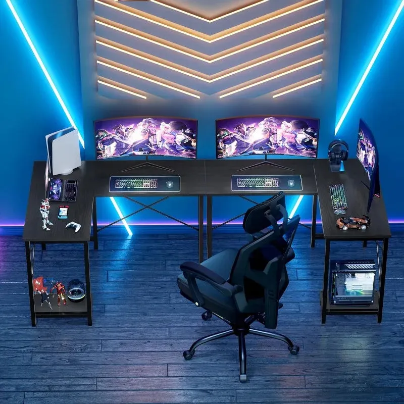 L-Shaped Wood Computer Desk with Side Storage Bag, Corner PC Gaming Table