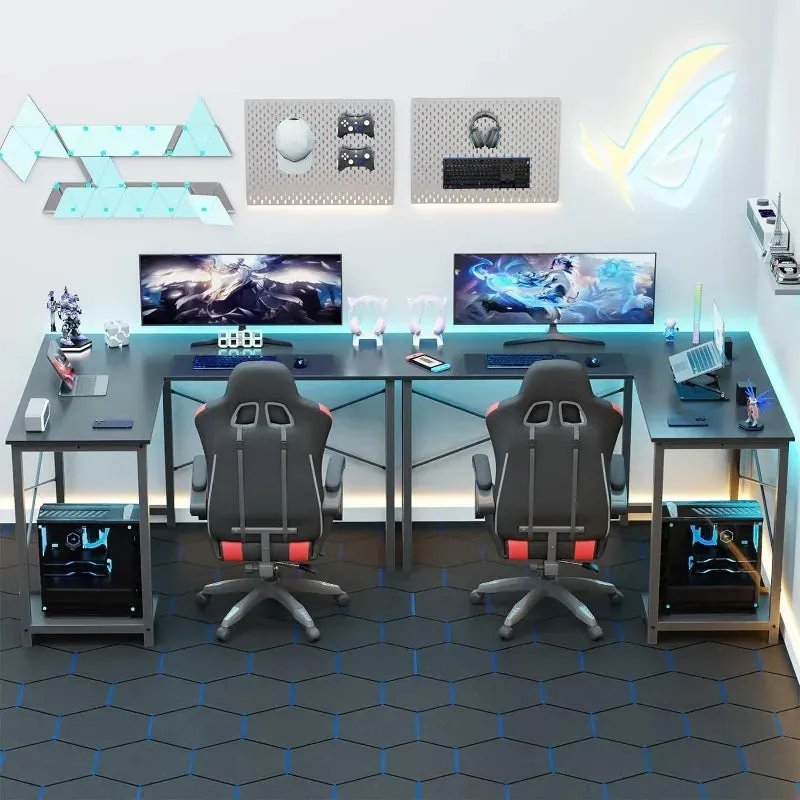 L-Shaped Wood Computer Desk with Side Storage Bag, Corner PC Gaming Table