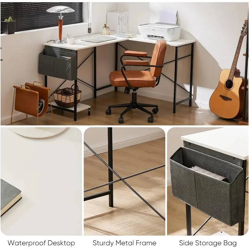 L-Shaped Wood Computer Desk with Side Storage Bag, Corner PC Gaming Table