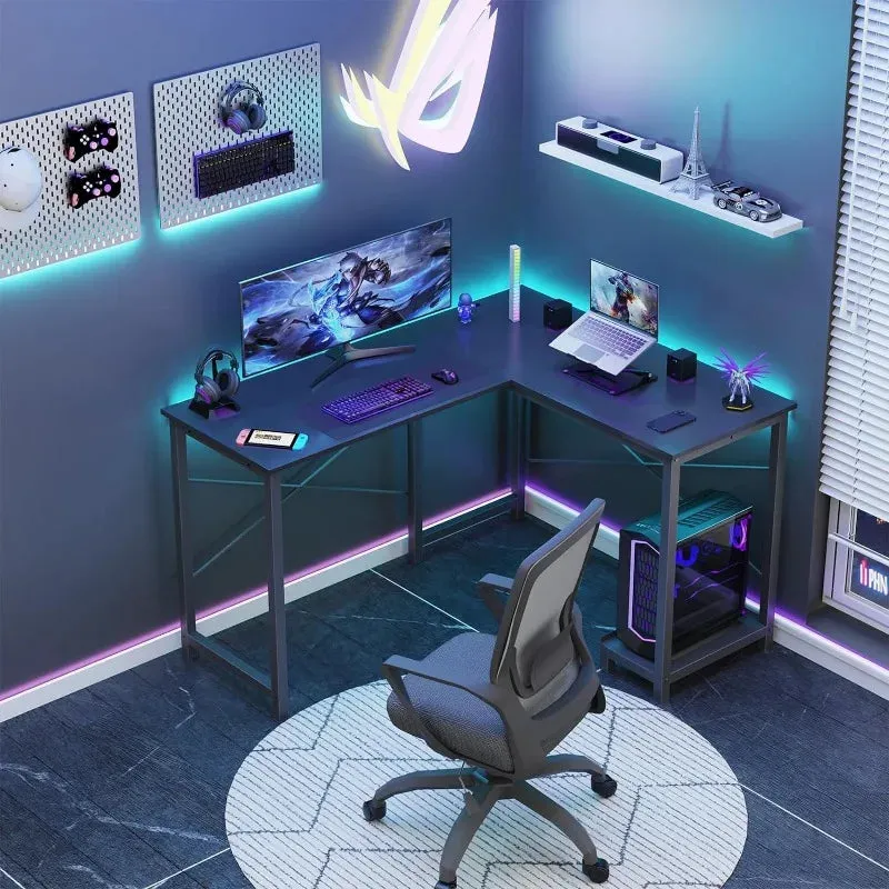 L-Shaped Wood Computer Desk with Side Storage Bag, Corner PC Gaming Table