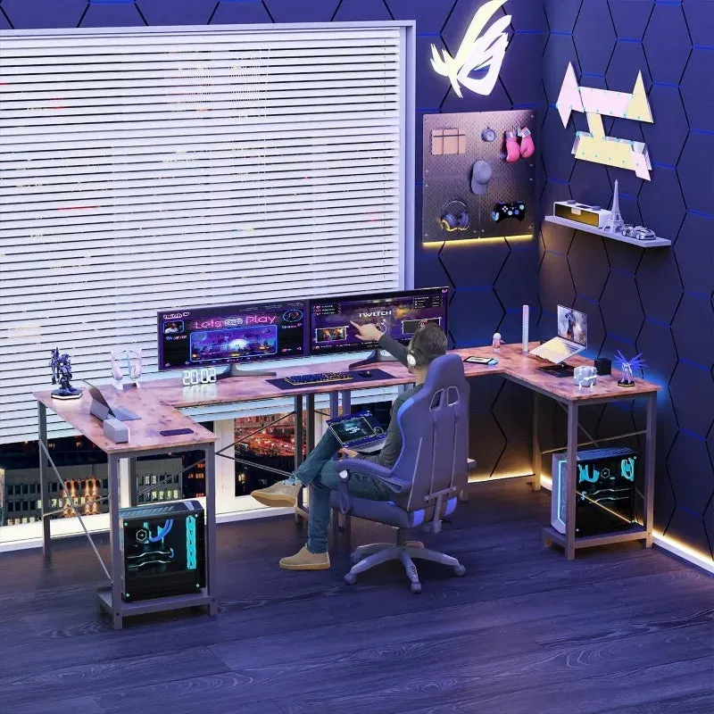 L-Shaped Wood Computer Desk with Side Storage Bag, Corner PC Gaming Table