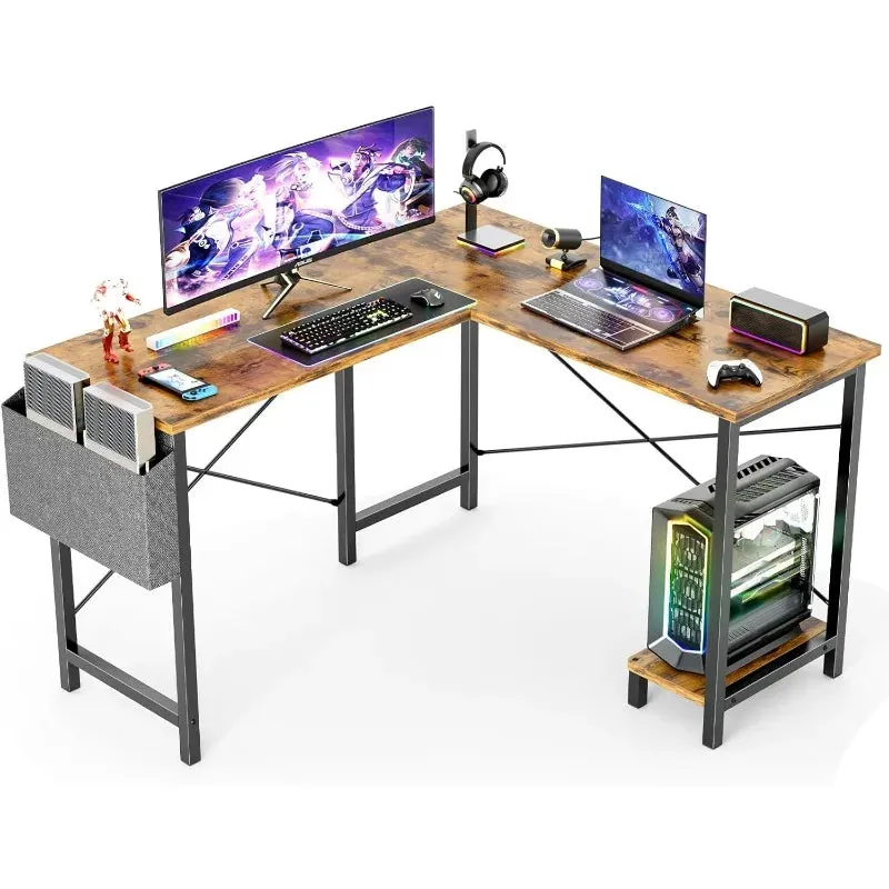 L-Shaped Wood Computer Desk with Side Storage Bag, Corner PC Gaming Table