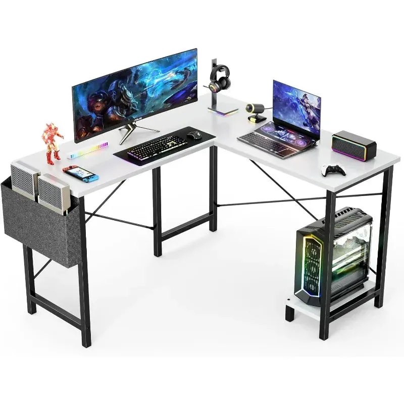 L-Shaped Wood Computer Desk with Side Storage Bag, Corner PC Gaming Table