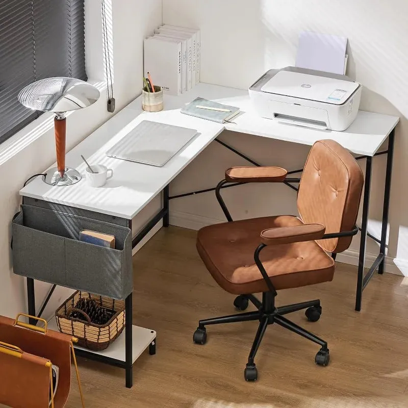 L-Shaped Wood Computer Desk with Side Storage Bag, Corner PC Gaming Table