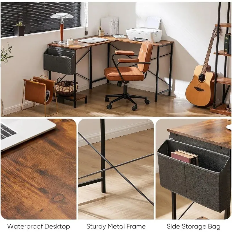 L-Shaped Wood Computer Desk with Side Storage Bag, Corner PC Gaming Table