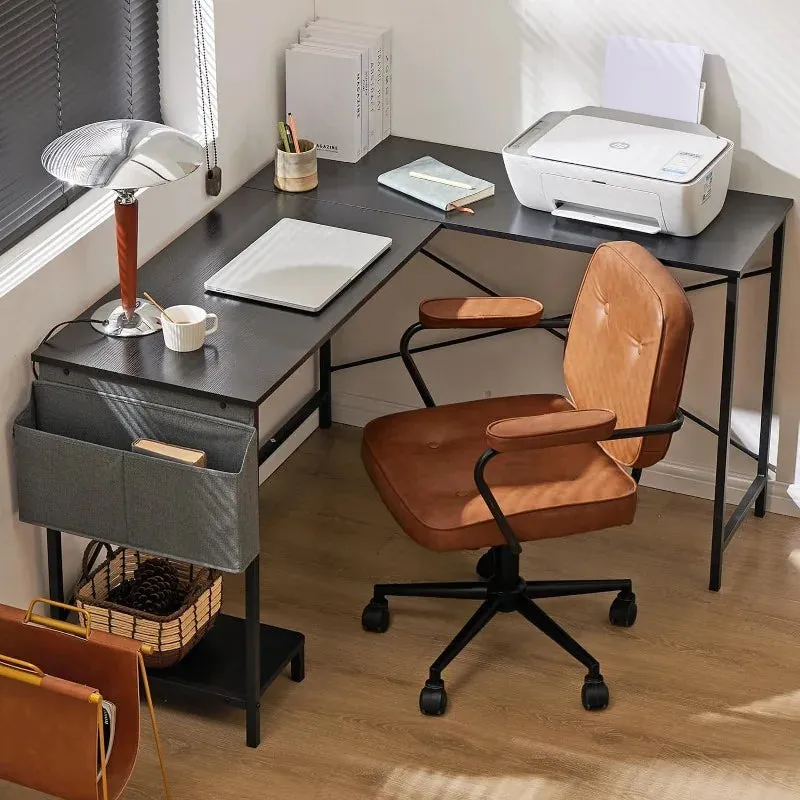 L-Shaped Wood Computer Desk with Side Storage Bag, Corner PC Gaming Table