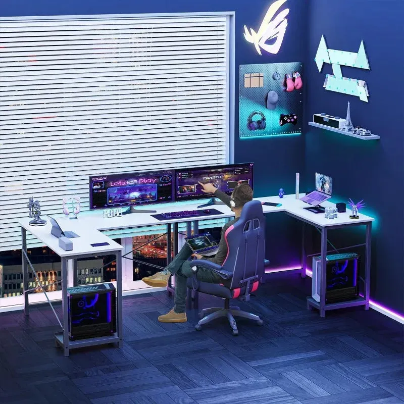 L-Shaped Wood Computer Desk with Side Storage Bag, Corner PC Gaming Table