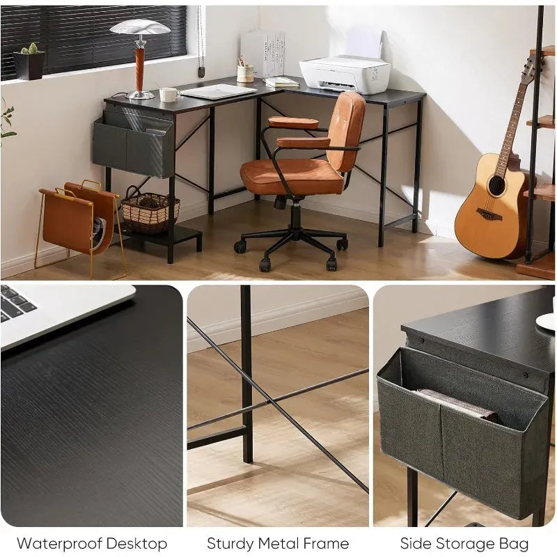 L-Shaped Wood Computer Desk with Side Storage Bag, Corner PC Gaming Table