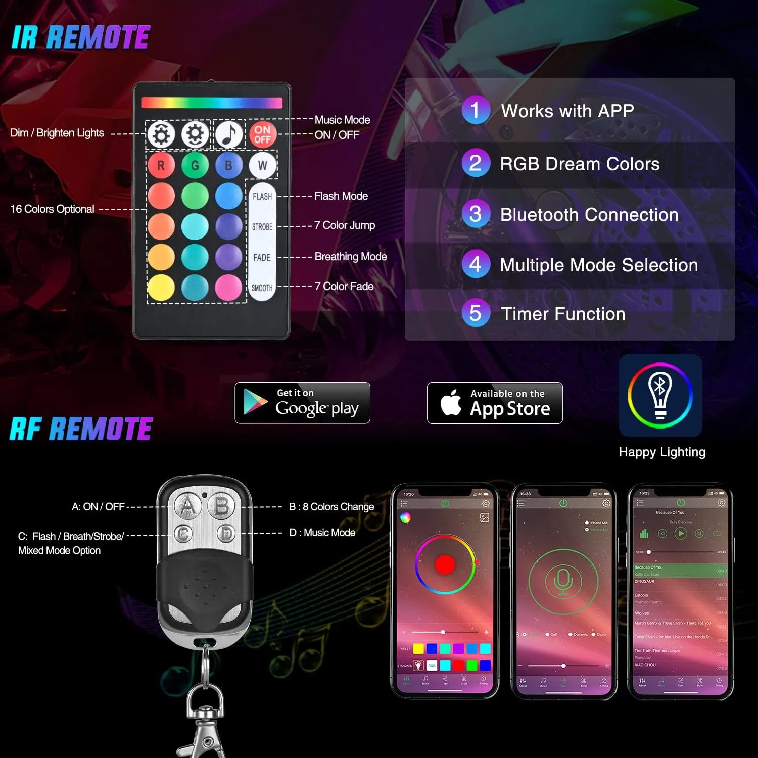 Motorcycle RGB APP Remote Control LED Strip Lights 8PCS