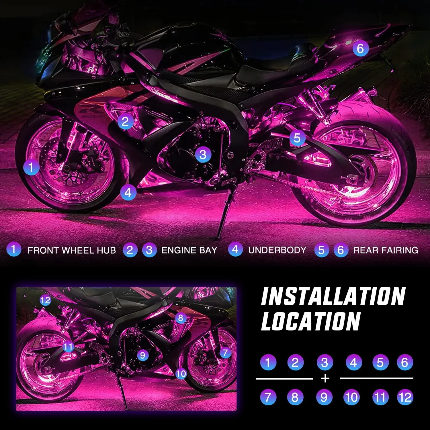 Motorcycle RGB APP Remote Control LED Strip Lights 8PCS