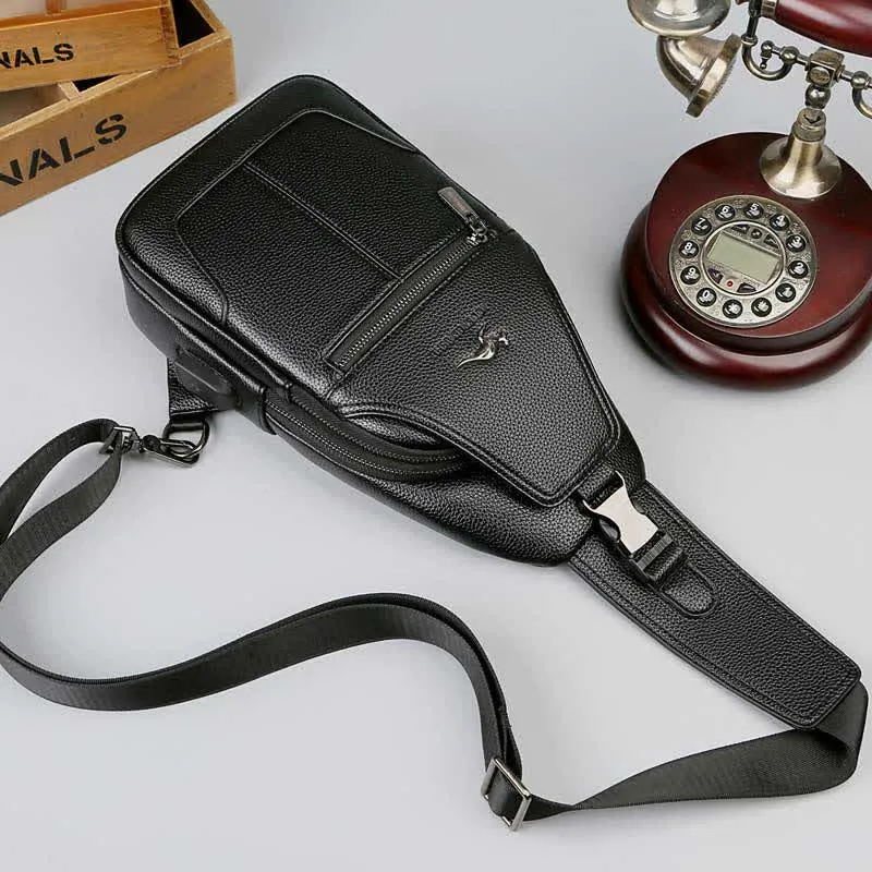 Multiple Pockets Leather Sling Chest Bag for Men with USB Charging Port