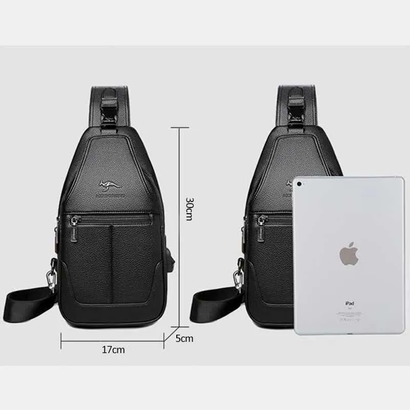 Multiple Pockets Leather Sling Chest Bag for Men with USB Charging Port