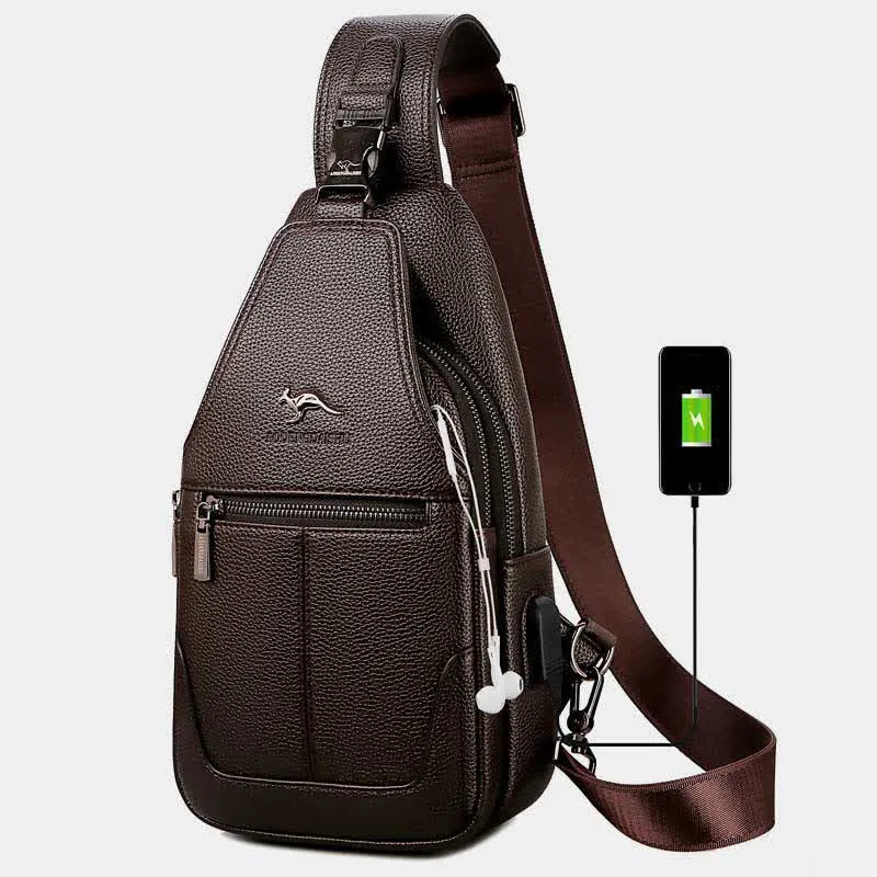 Multiple Pockets Leather Sling Chest Bag for Men with USB Charging Port